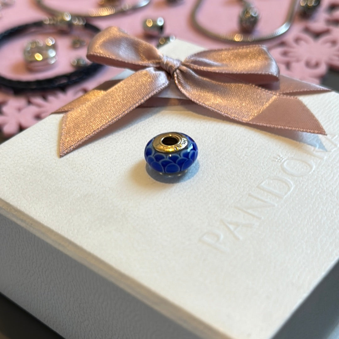 Genuine Pandora Solid 14ct Gold Blue Lotus Murano Charm HTF