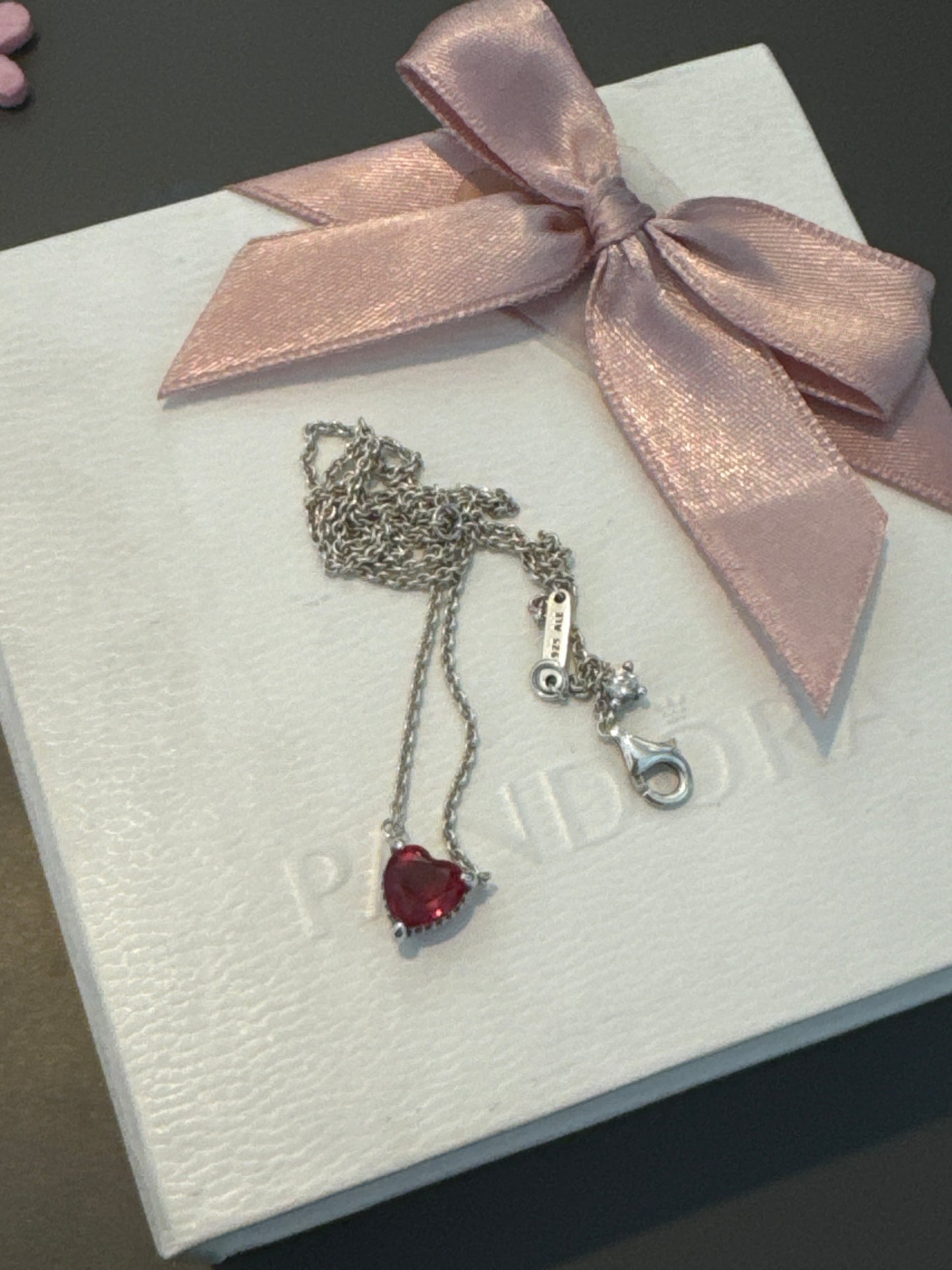 Genuine Pandora Red Halo Pave CZ Heart Necklace 45cm