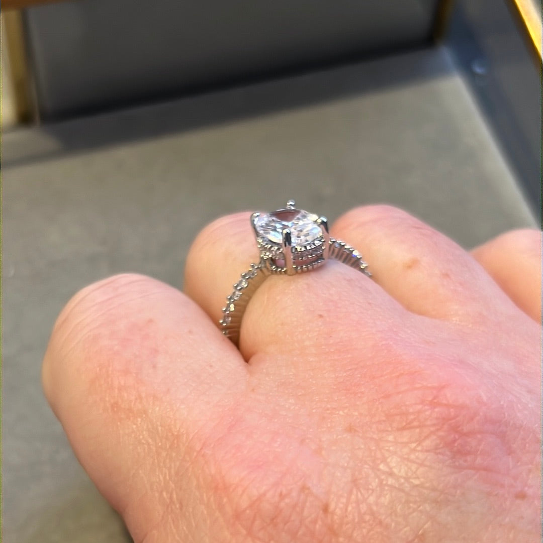 Brand New Silver Plated Pave CZ Oval Stone Ring 58