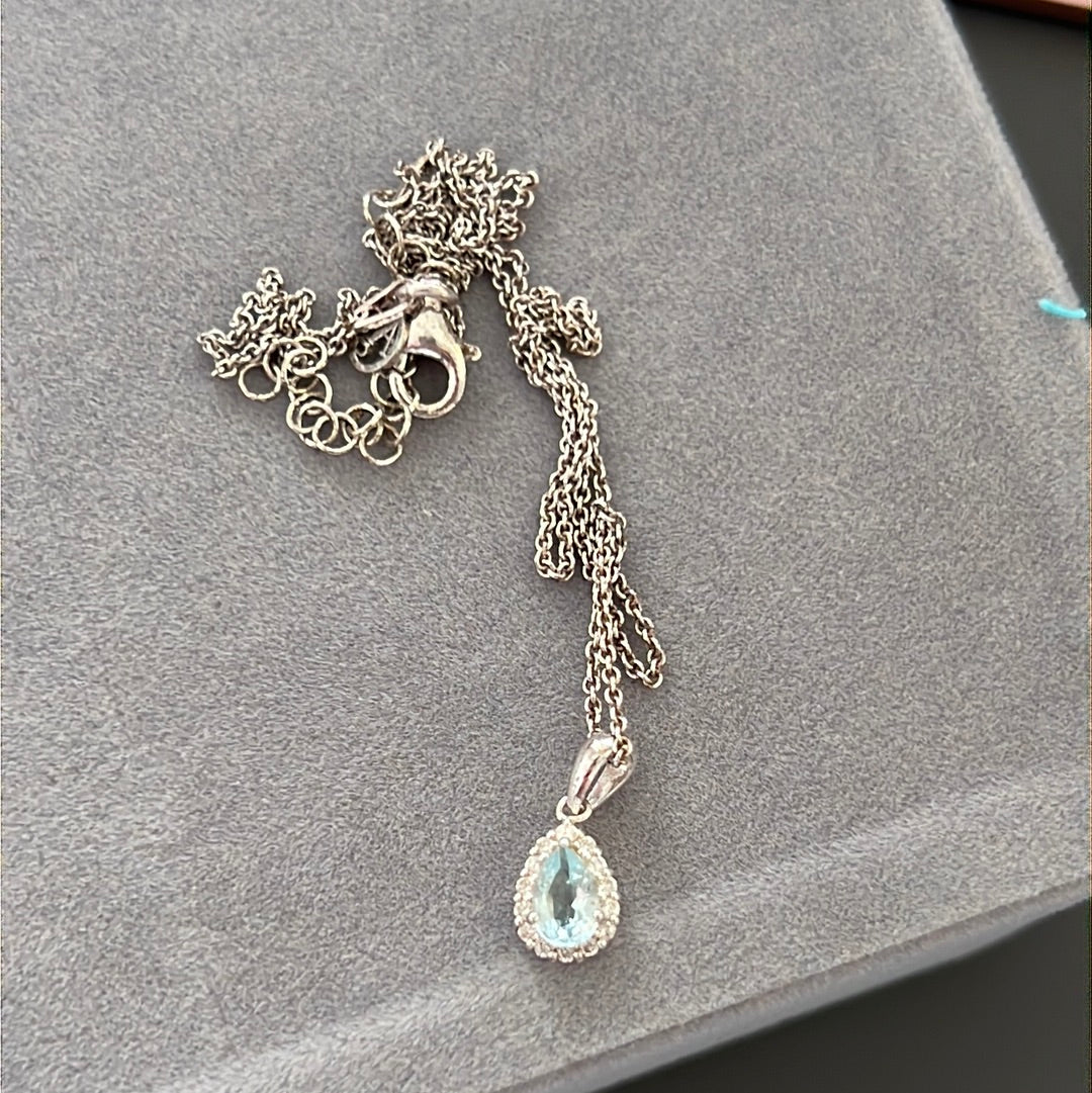 Sterling Silver Pave Teardrop Light Blue Stone Necklace 40cm Drop - Choker / Kids Length