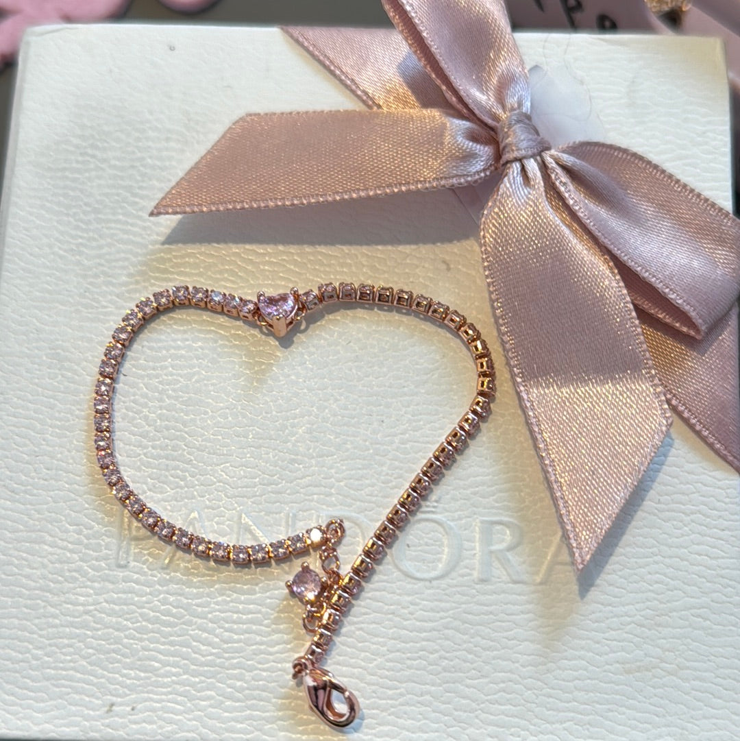Sterling Silver Rose Gold Pave CZ Heart Bracelet 19cm