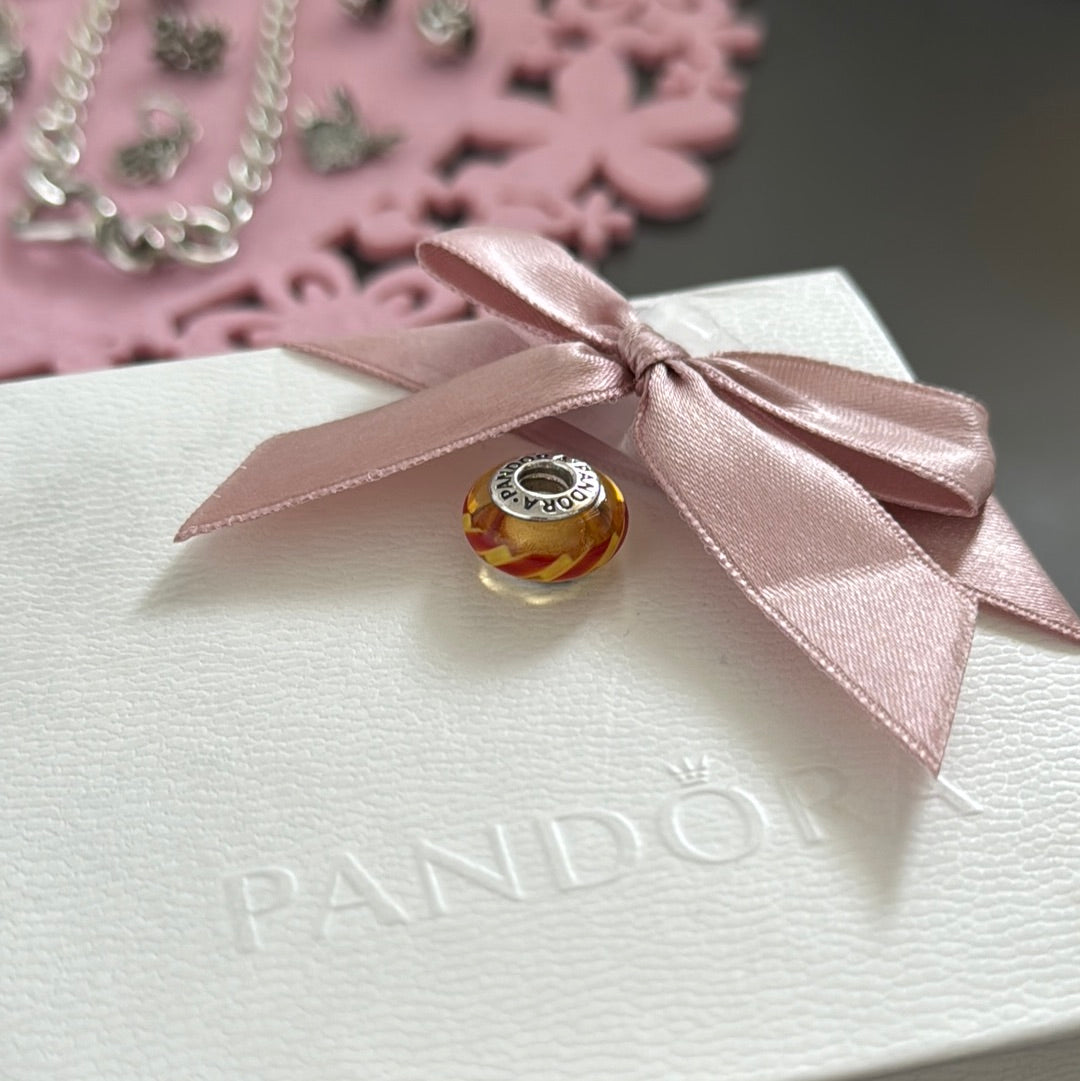 Genuine Pandora Glass Murano Charm Orange and Red Stripe