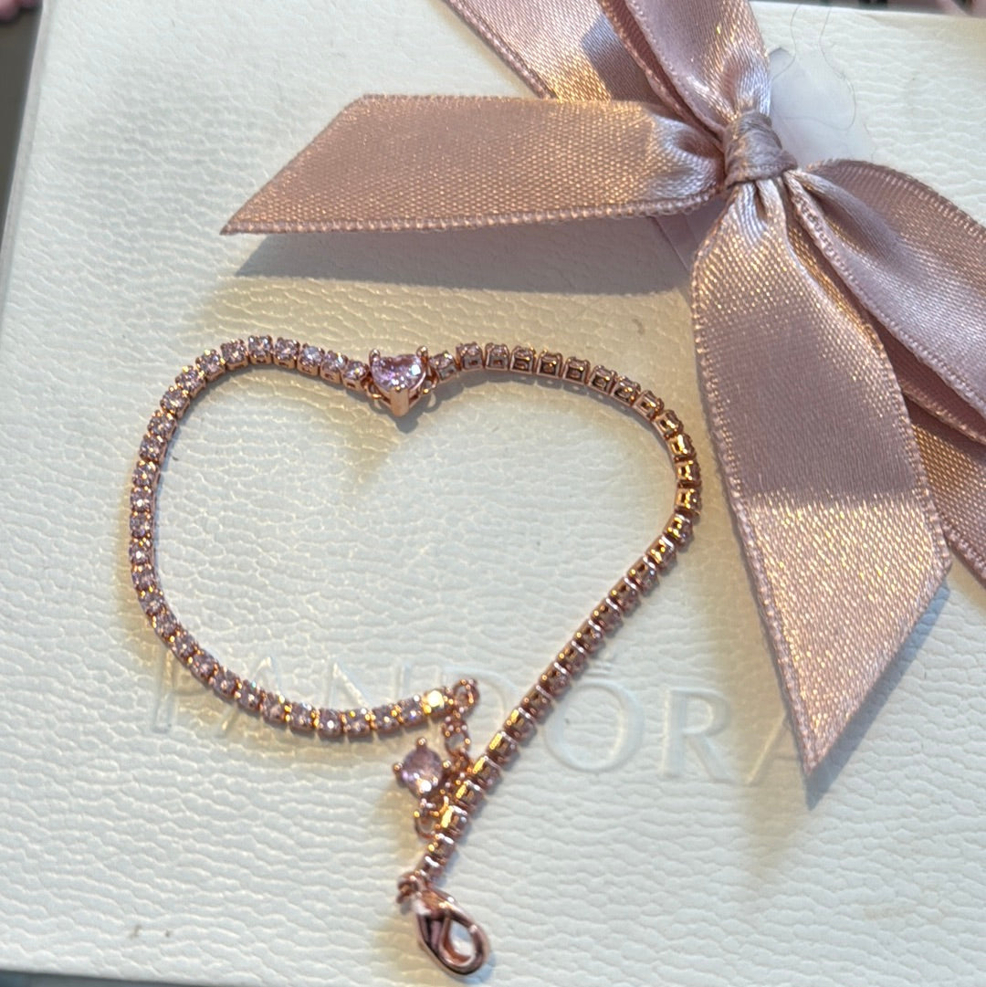 Sterling Silver Rose Gold Pave CZ Heart Bracelet 19cm