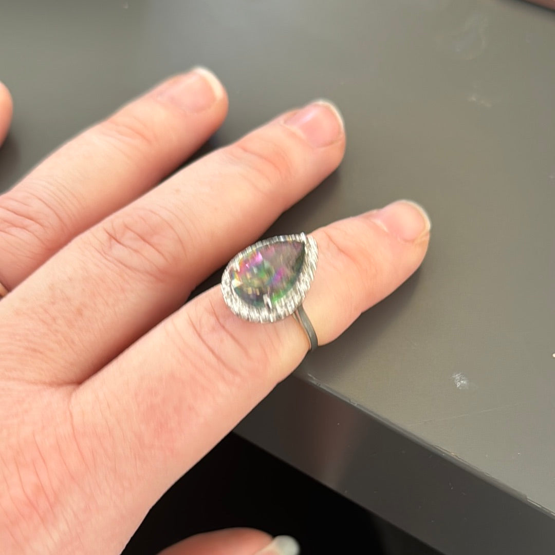 Sterling Silver Huge Iridescent Teardrop CZ Ring Size 52