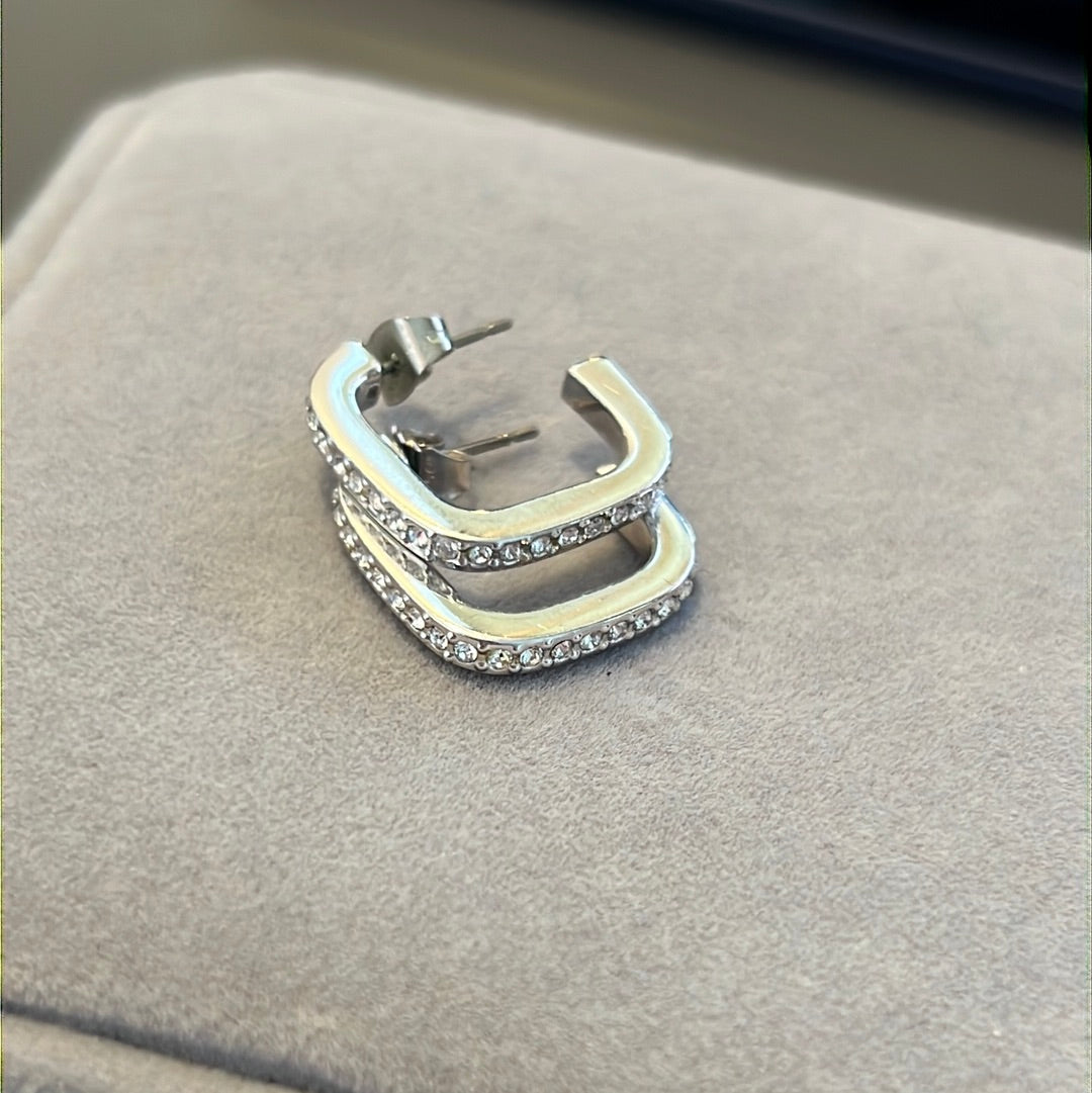 Silver Plated CZ Pave Square Hoop Earrings