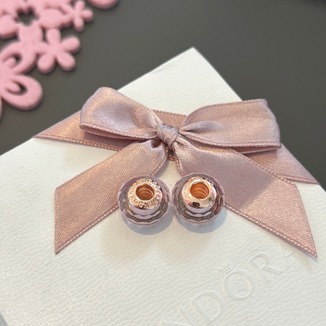 Sterling Silver Plated Rose Gold Faceted Murano In Pink PAIR