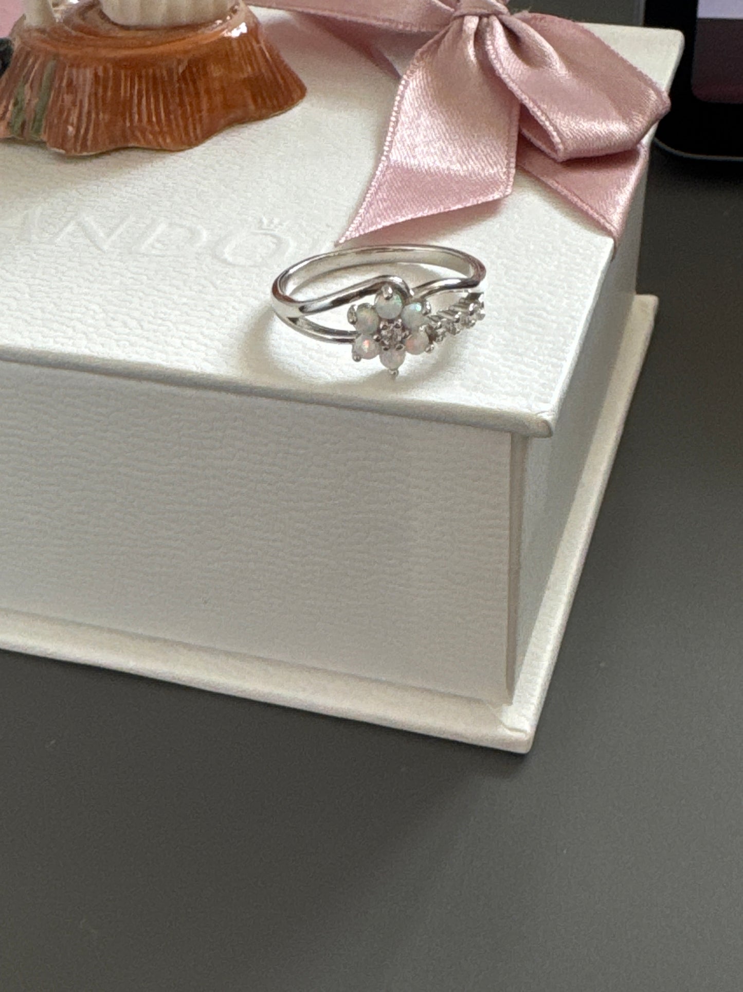 Sterling Silver Pave Opal Flower CZ Ring Size 58