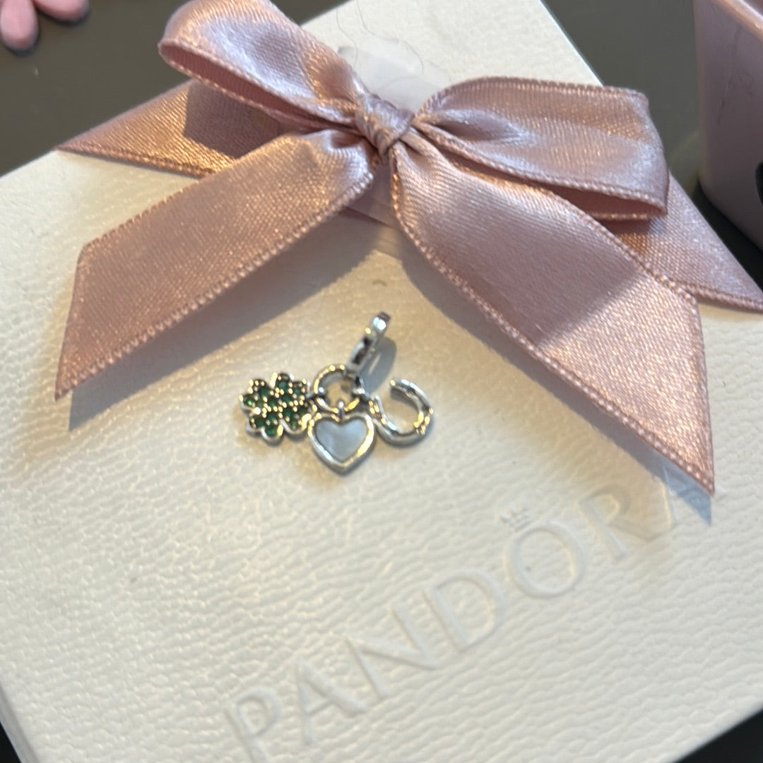 Genuine Pandora Sister Hood Lucky Charm Dangle Pearl Heart, Horseshoe and Clover Dangle Charm