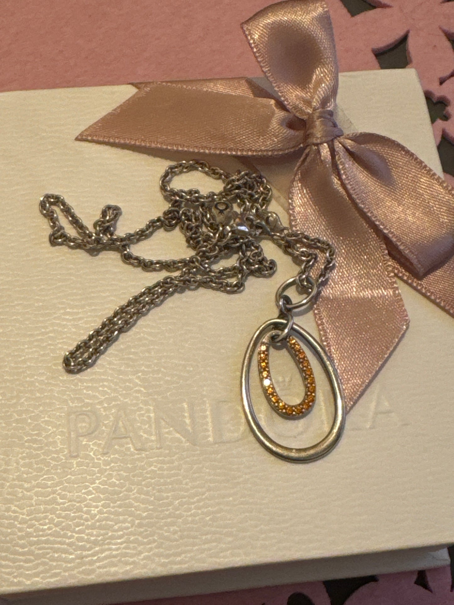 Genuine Pandora Double Drop Orange CZ Necklace Rare HTF
