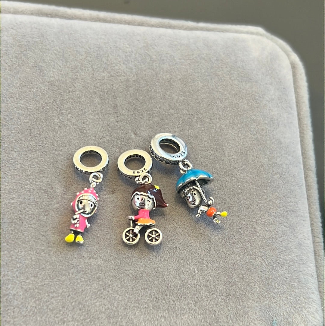 Sterling Silver Enamel Dangle Kid Charms Girl and Boy Charms x3