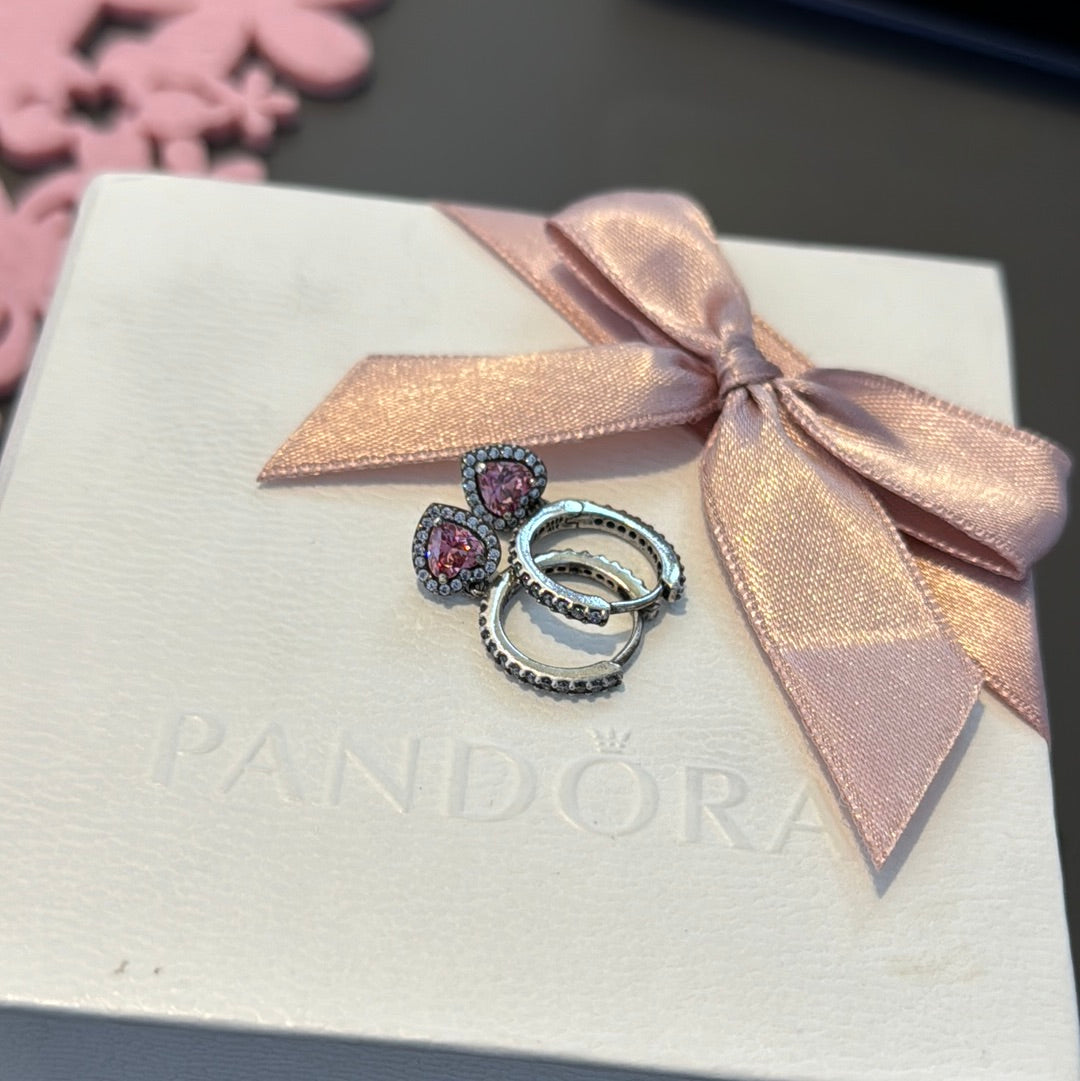 Genuine Pandora Pink CZ Heart Earrings Dangle Hoop