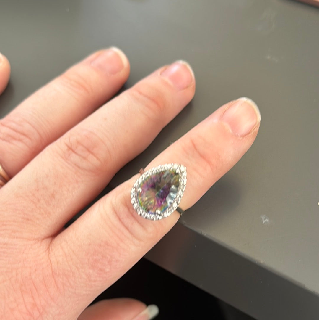 Sterling Silver Huge Iridescent Teardrop CZ Ring Size 52