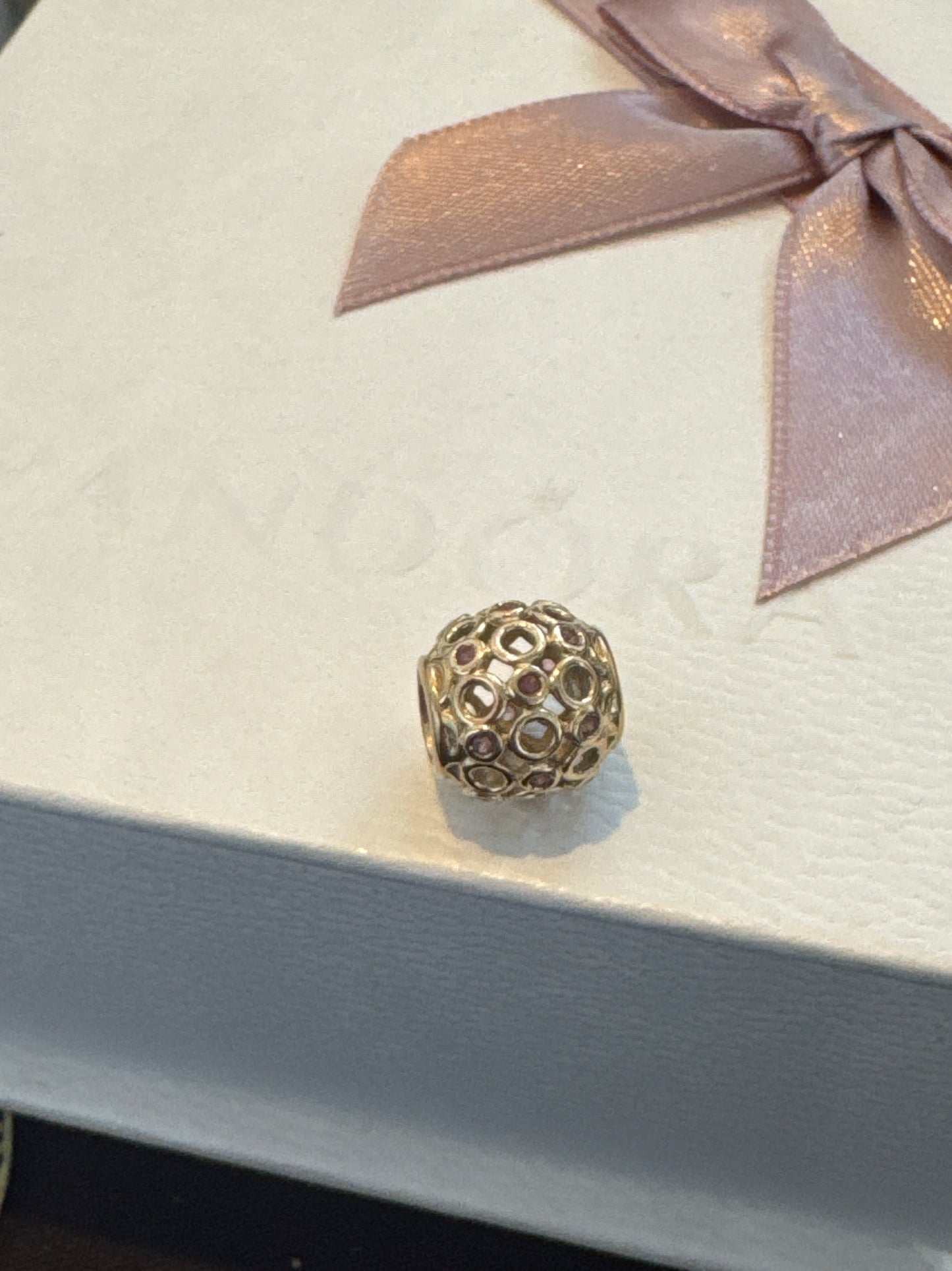 Genuine Pandora 14ct Solid Gold Celtic Circles Pink Topaz Openwork Charm