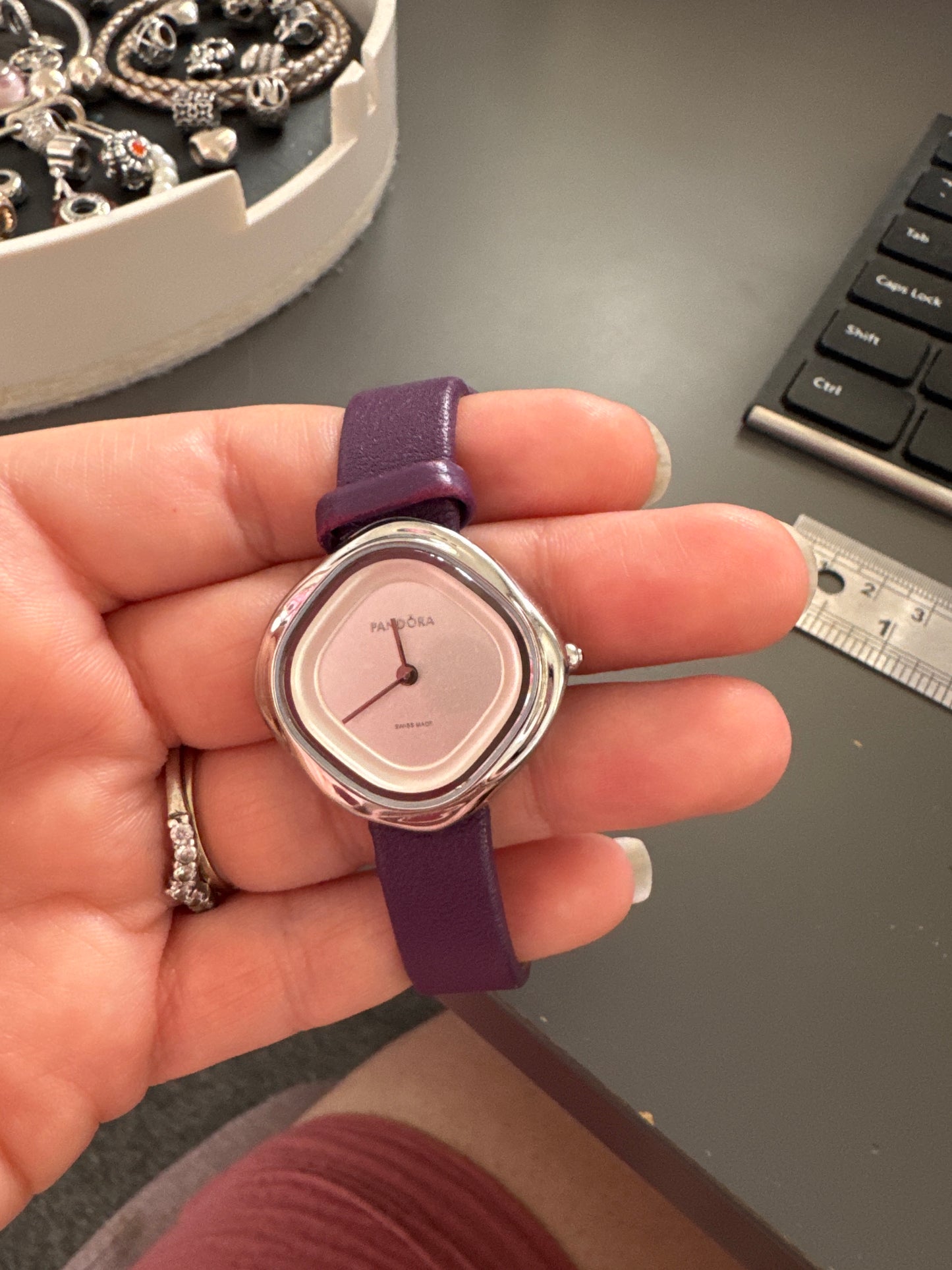 Genuine Pandora Black Crown Diamond Liquid Silver Hardware Watch with Purple Leather Strap