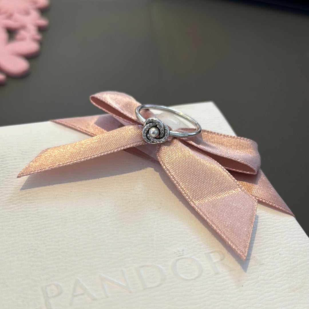 Genuine Pandora Pave Pearl Flower Ring Size 60