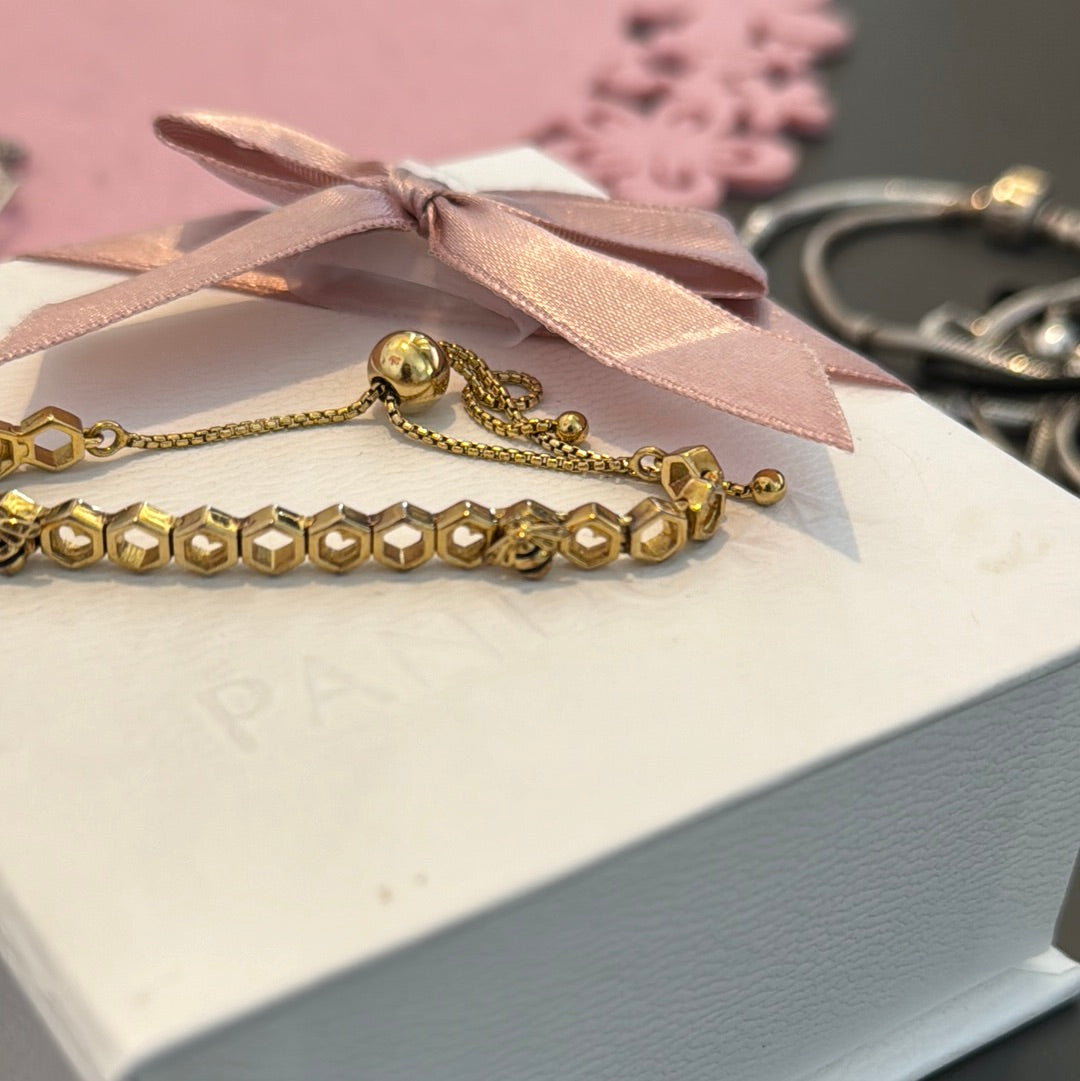 Genuine Pandora Shine Gold Plated Honeycomb Bee Slider Bracelet Adjustable