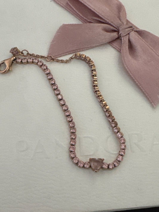 Genuine Pandora Rose Gold Pink Heart Stone Sparkle Bracelet Max 16cm