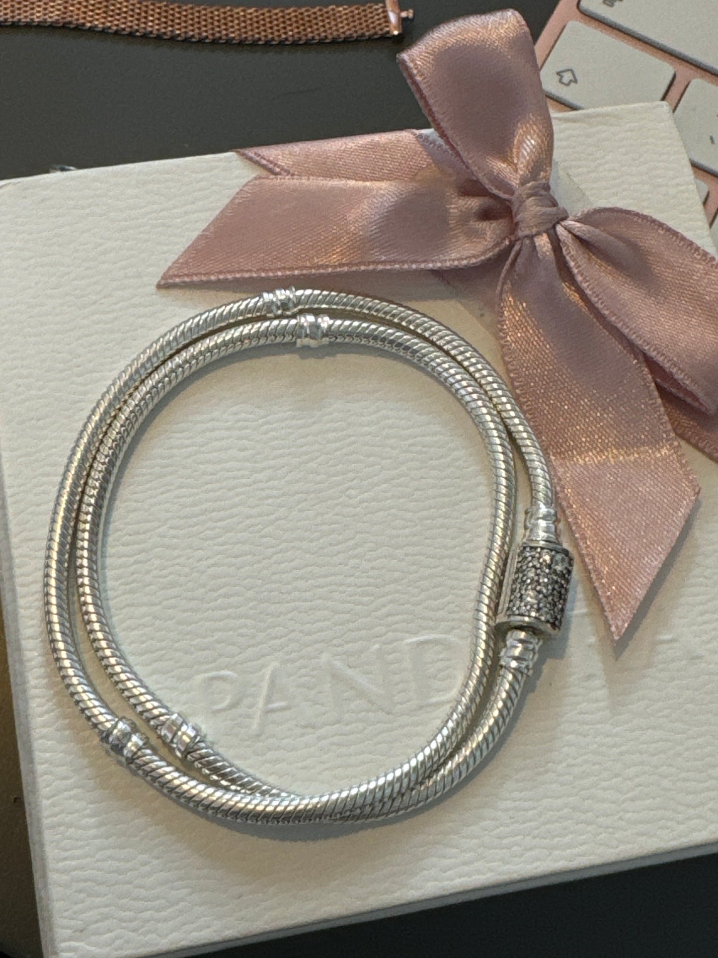 Genuine Pandora Pave Clasp Double Wrap Snake Chain Bracelet 39cm Medium Fit