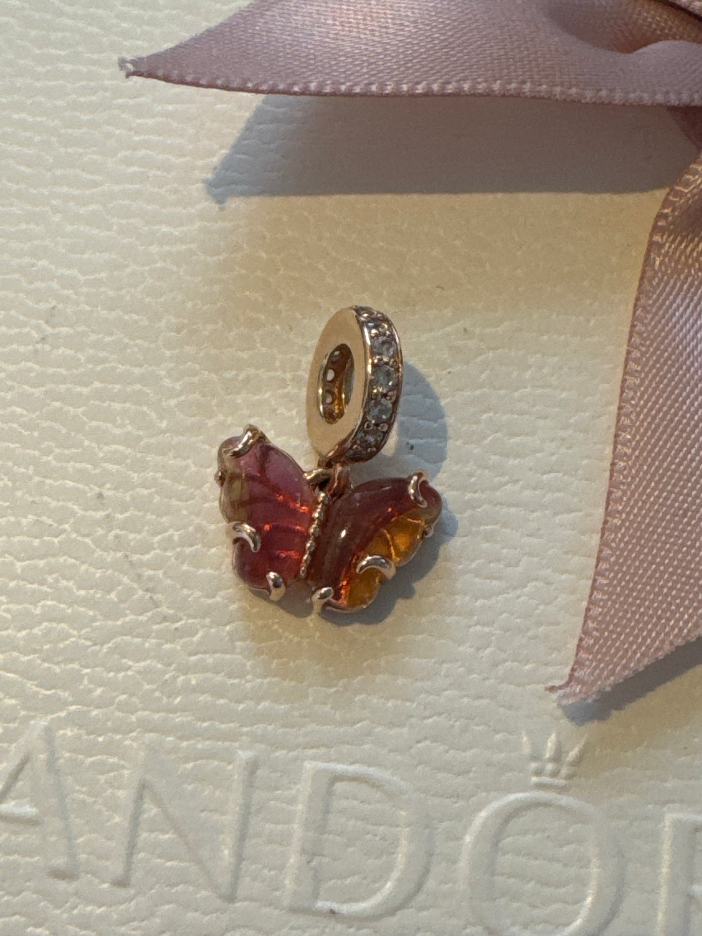 Genuine Pandora Rose Gold Pink & Yellow Murano Glass Butterfly Dangle Charm