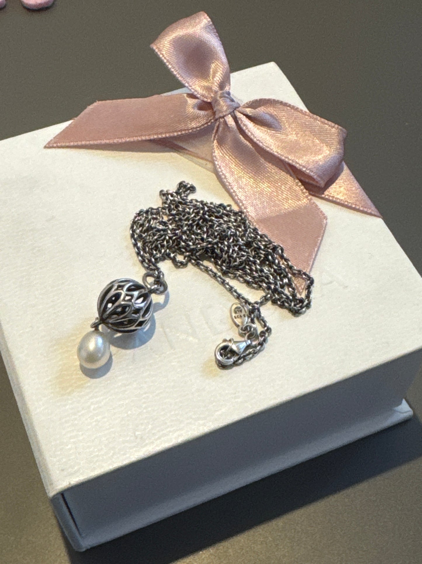 Genuine Pandora Rare Cultured Pearl & Openwork Cage Necklace 100cm Chain HTF