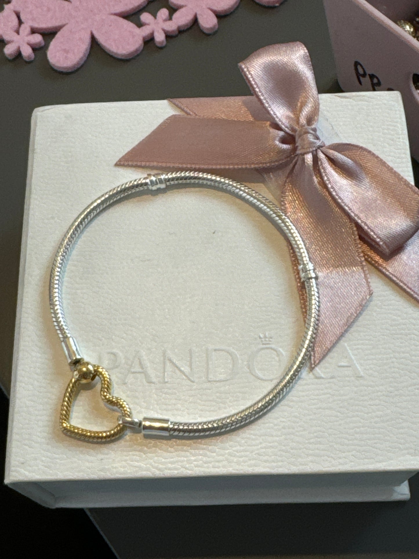 Genuine Pandora Silver and Shine Gold Heart Carrier Clasp Bracelet 19cm