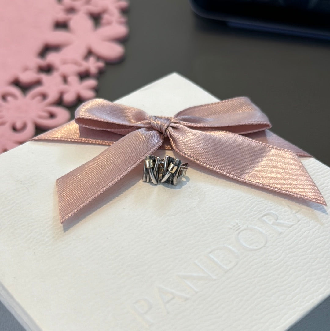 Genuine Pandora Two Tone Gold Rectangle Rope Earrings Rare