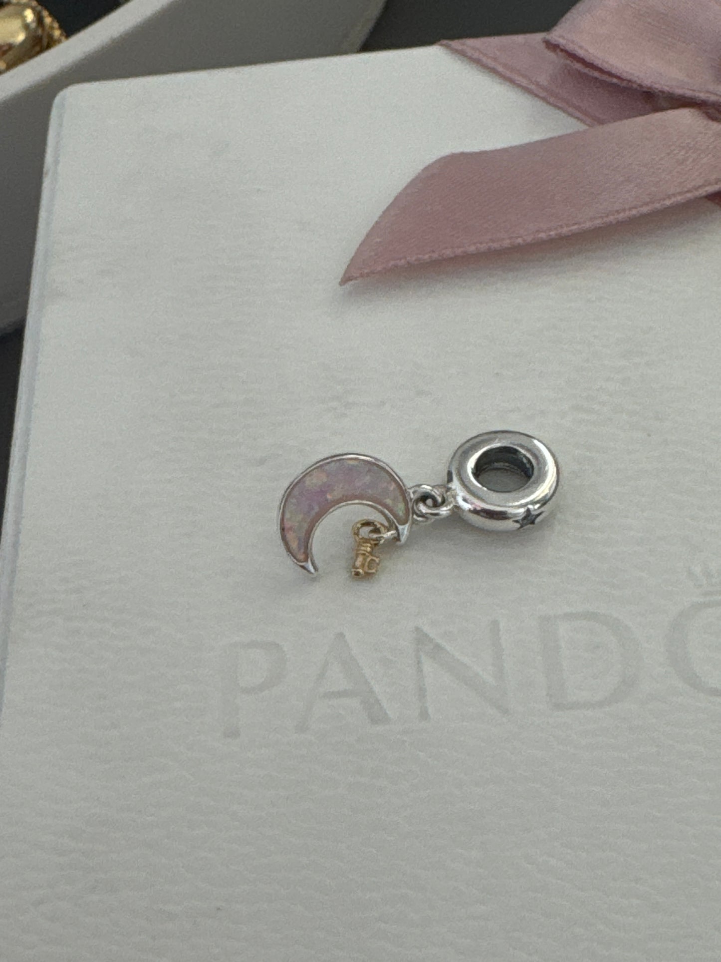 Genuine Pandora Pink Opal Moon Two Tone Key Dangle Charm