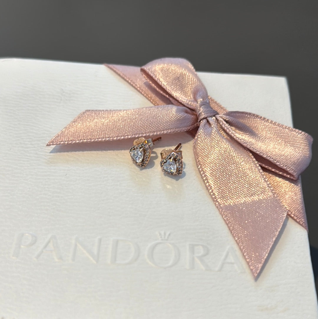 Genuine Pandora Rose Gold CZ Clear Heart Earrings Studs
