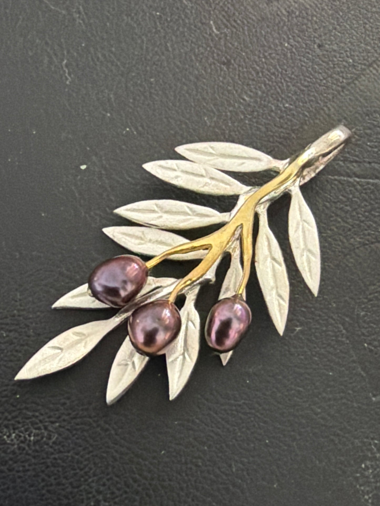 Sterling Silver & Gold Tone Handmade Special Two Tone and Freshwater Black Pearl Olive Branch Pendant