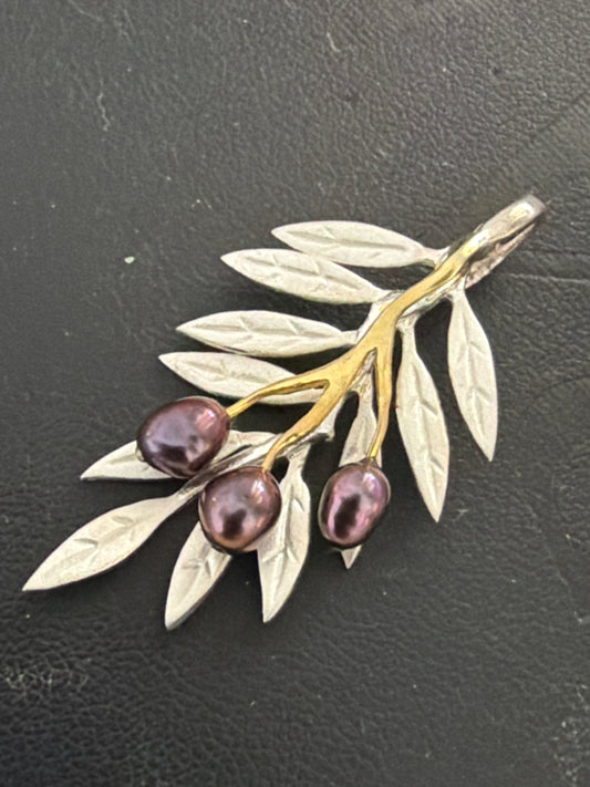 Sterling Silver & Gold Tone Handmade Special Two Tone and Freshwater Black Pearl Olive Branch Pendant