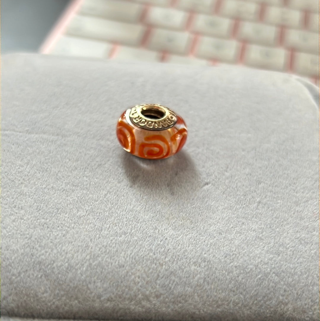 Genuine Pandora Solid 14ct Gold Orange Spiral Murano Charm HTF