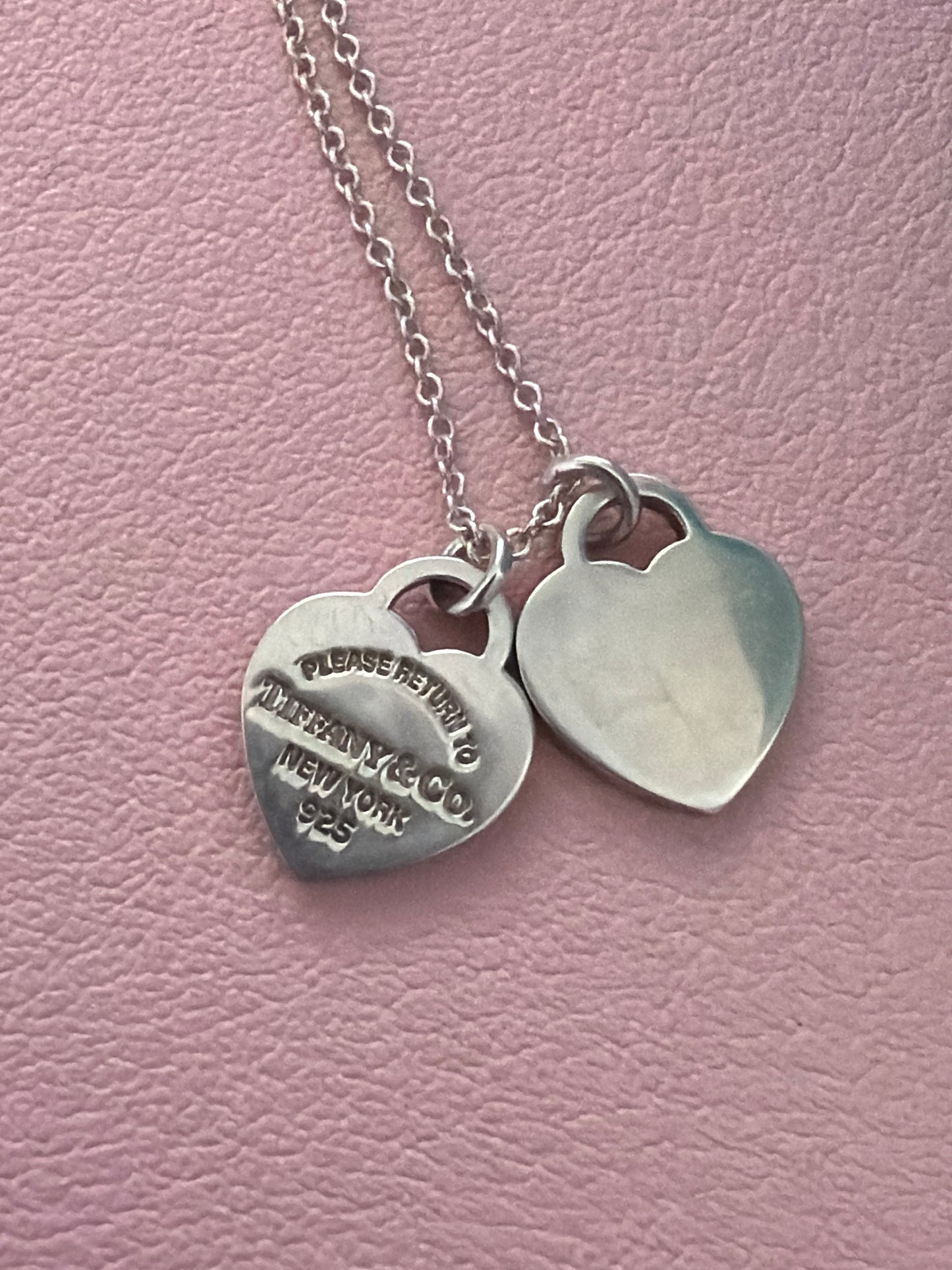 Genuine Tiffany & CO Sterling Silver Double Heart Pendant Choker Necklace 42cm