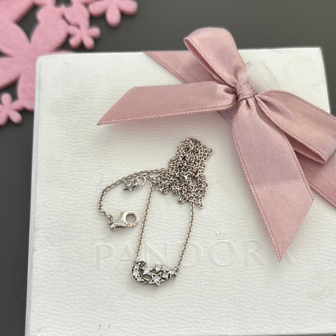 Genuine Pandora Sparkling Moon & Star Collier Necklace 45cm