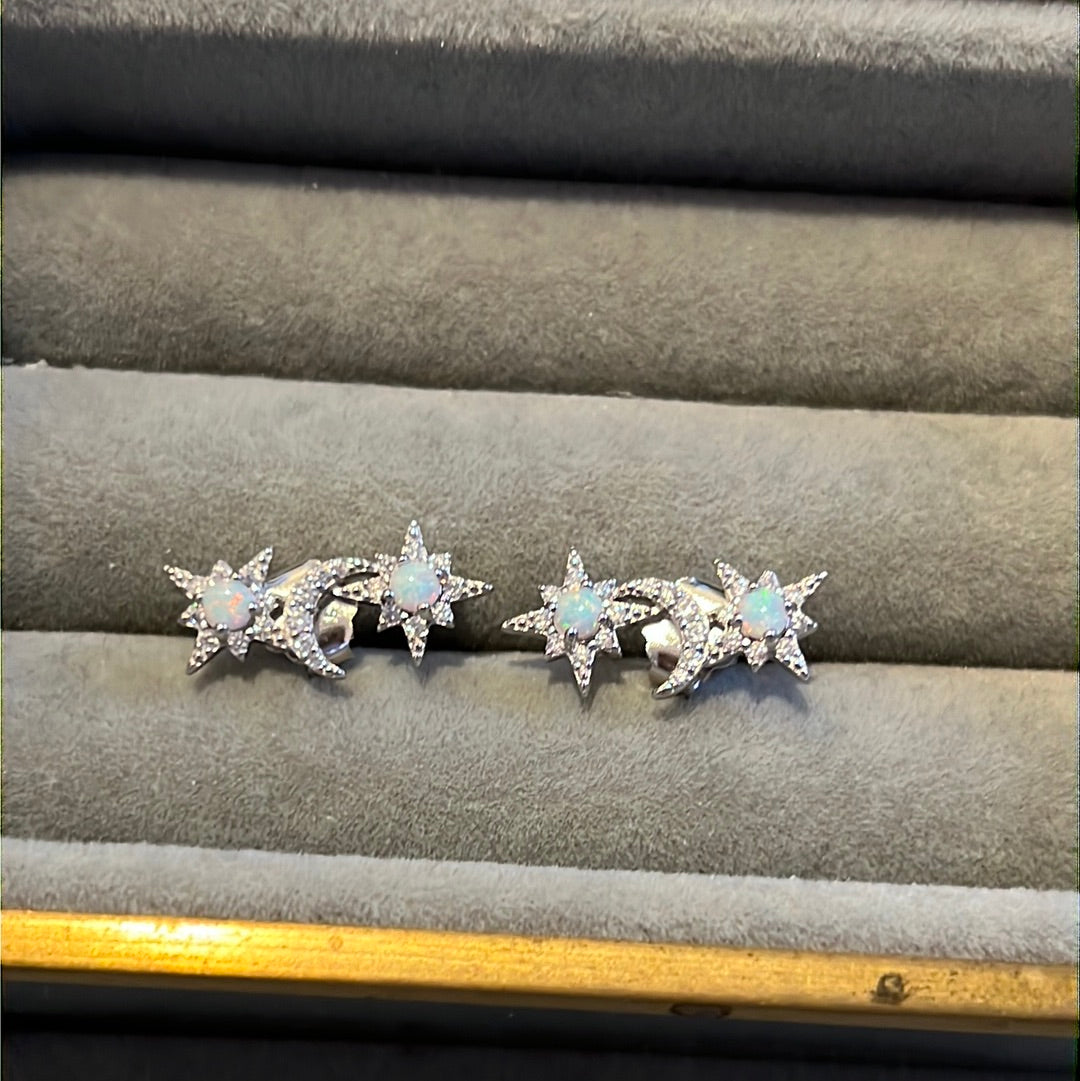 Sterling Silver Beautiful Blue Opal and CZ Moon and Star Creeper Earrings