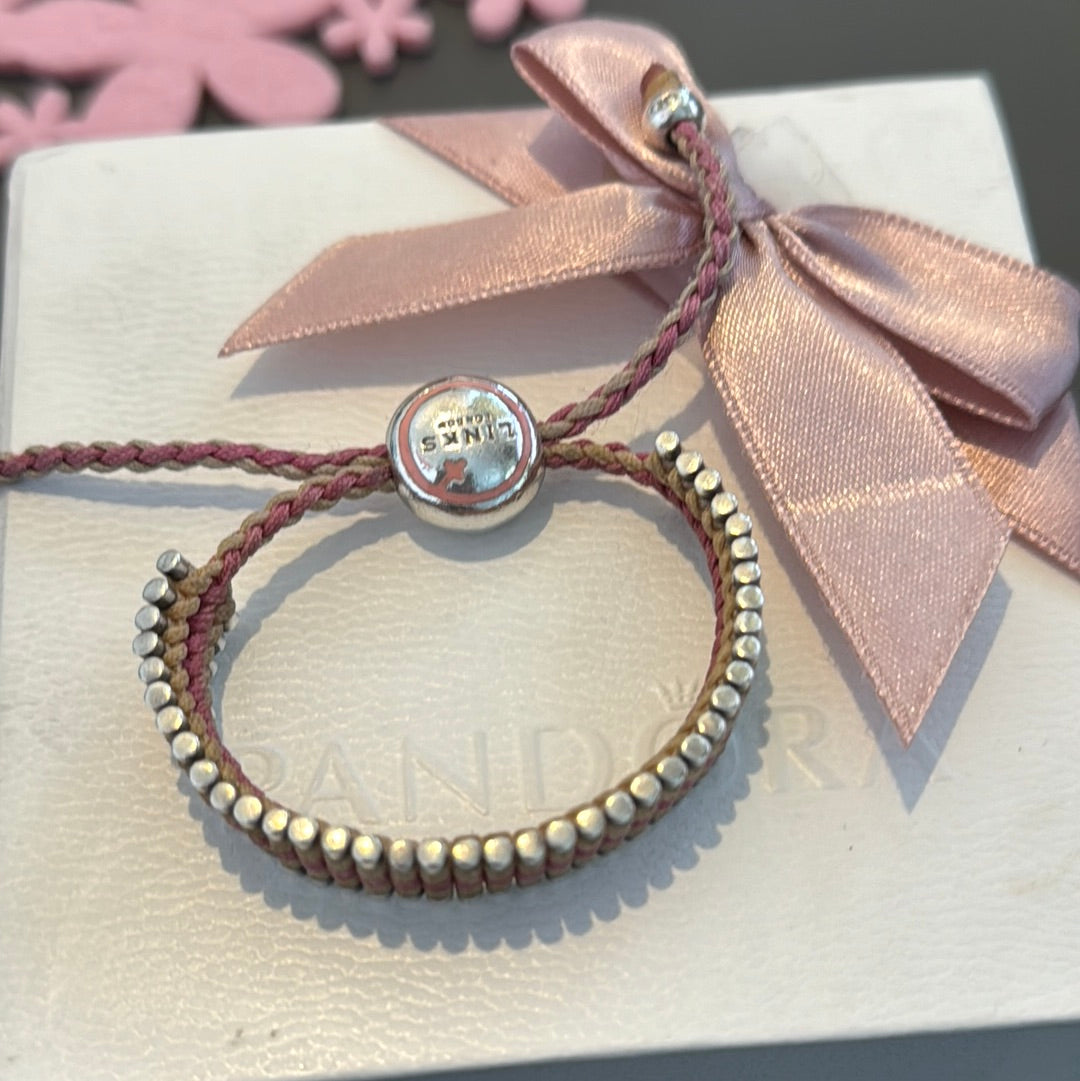 Genuine Links of London Sterling Silver Bracelet Cord Friendship Bar Pink and Cream