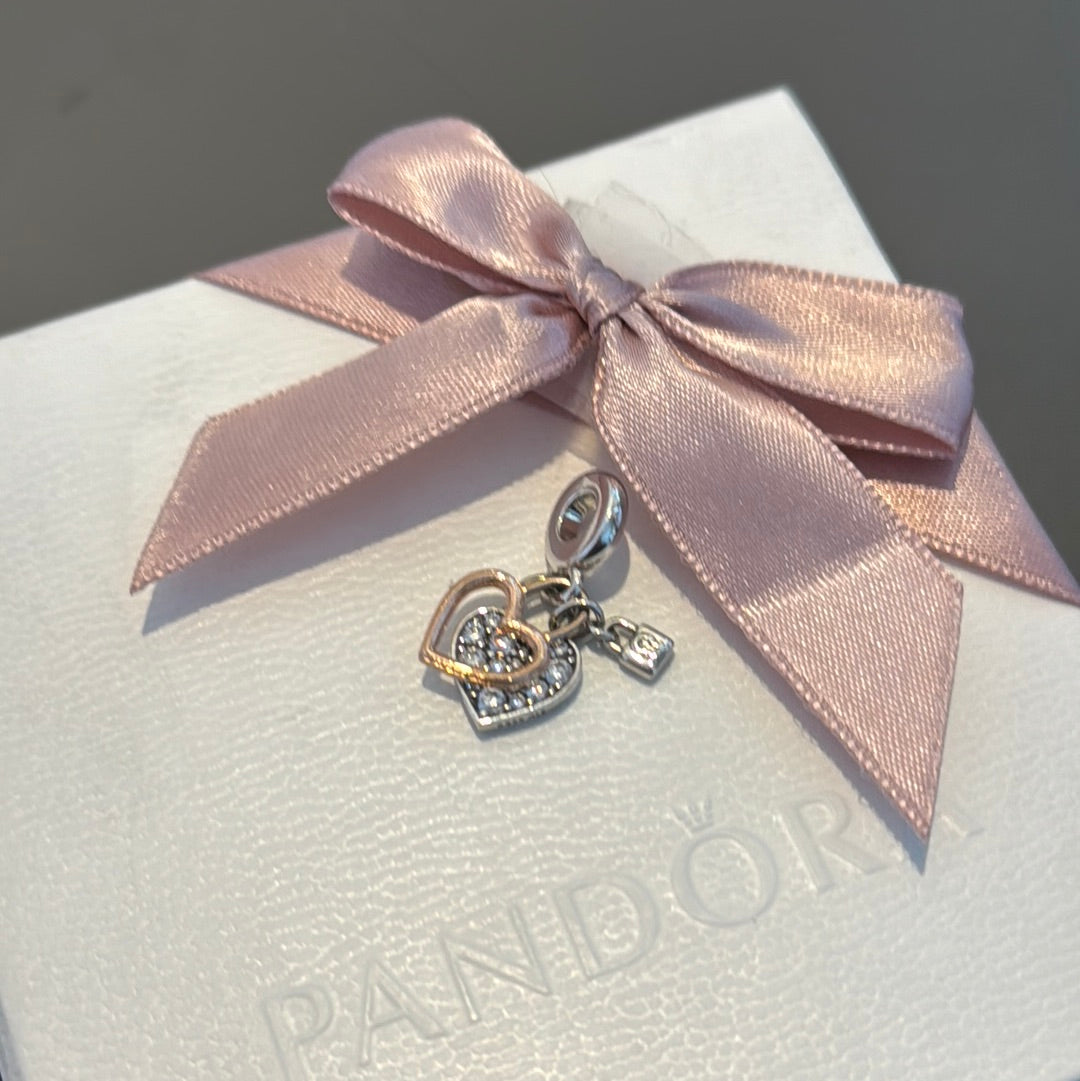 Genuine Pandora Rose Gold Double Pave Heart "Always Together" Dangle Charm