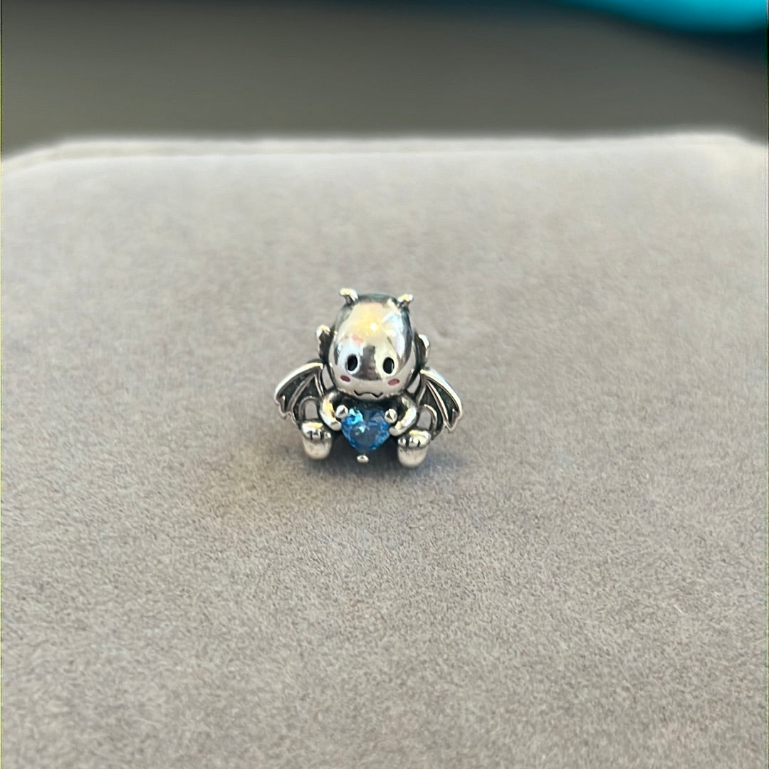 Sterling Silver Baby Dragon/ Bat Charm With Blue CZ Heart