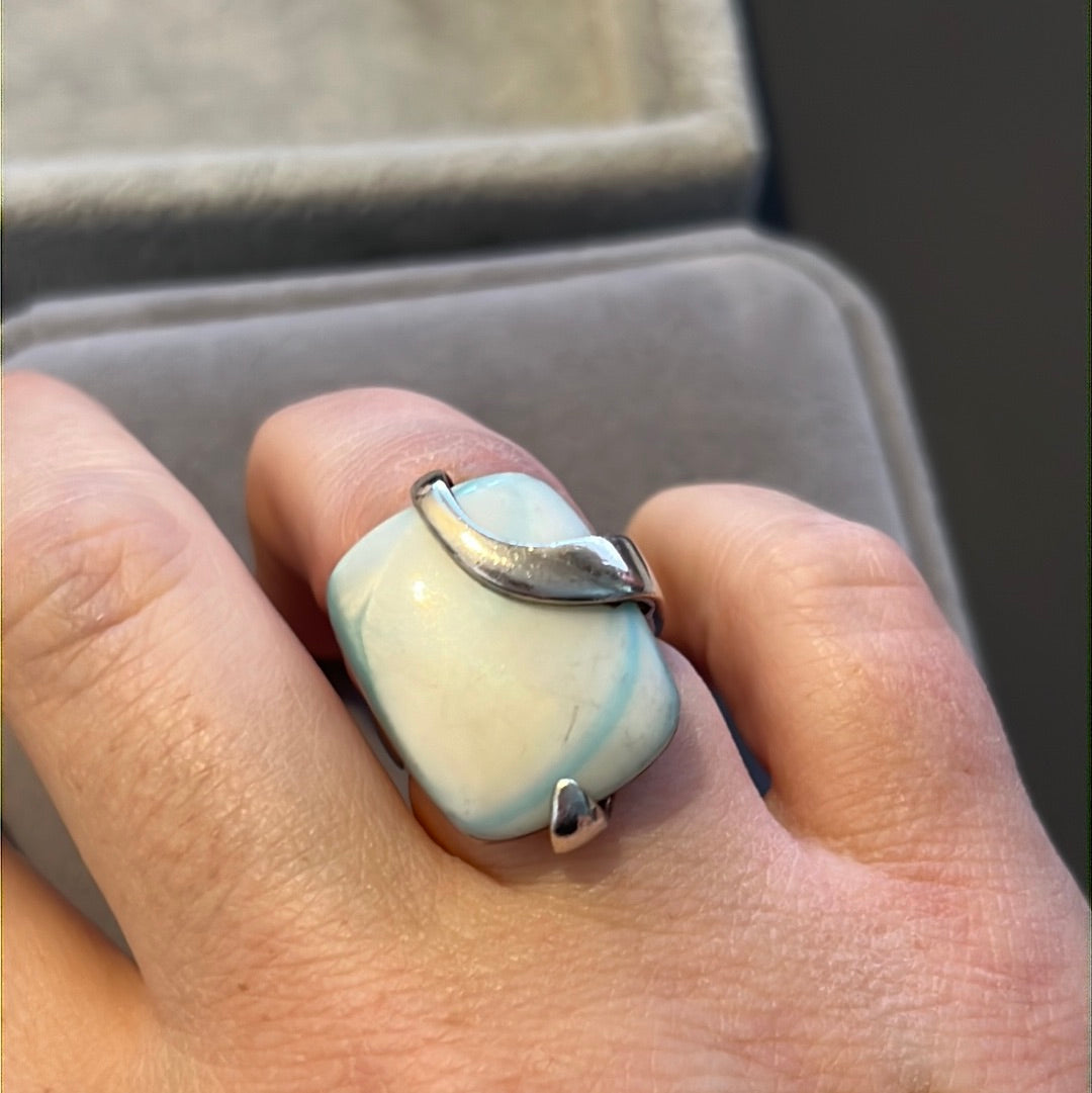 Sterling Silver White and Blue Large Oval Statement Ring 54