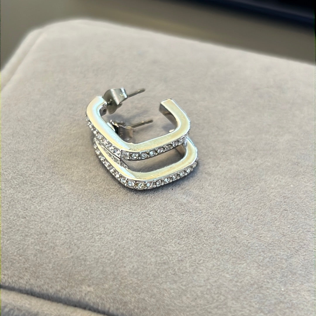 Silver Plated CZ Pave Square Hoop Earrings