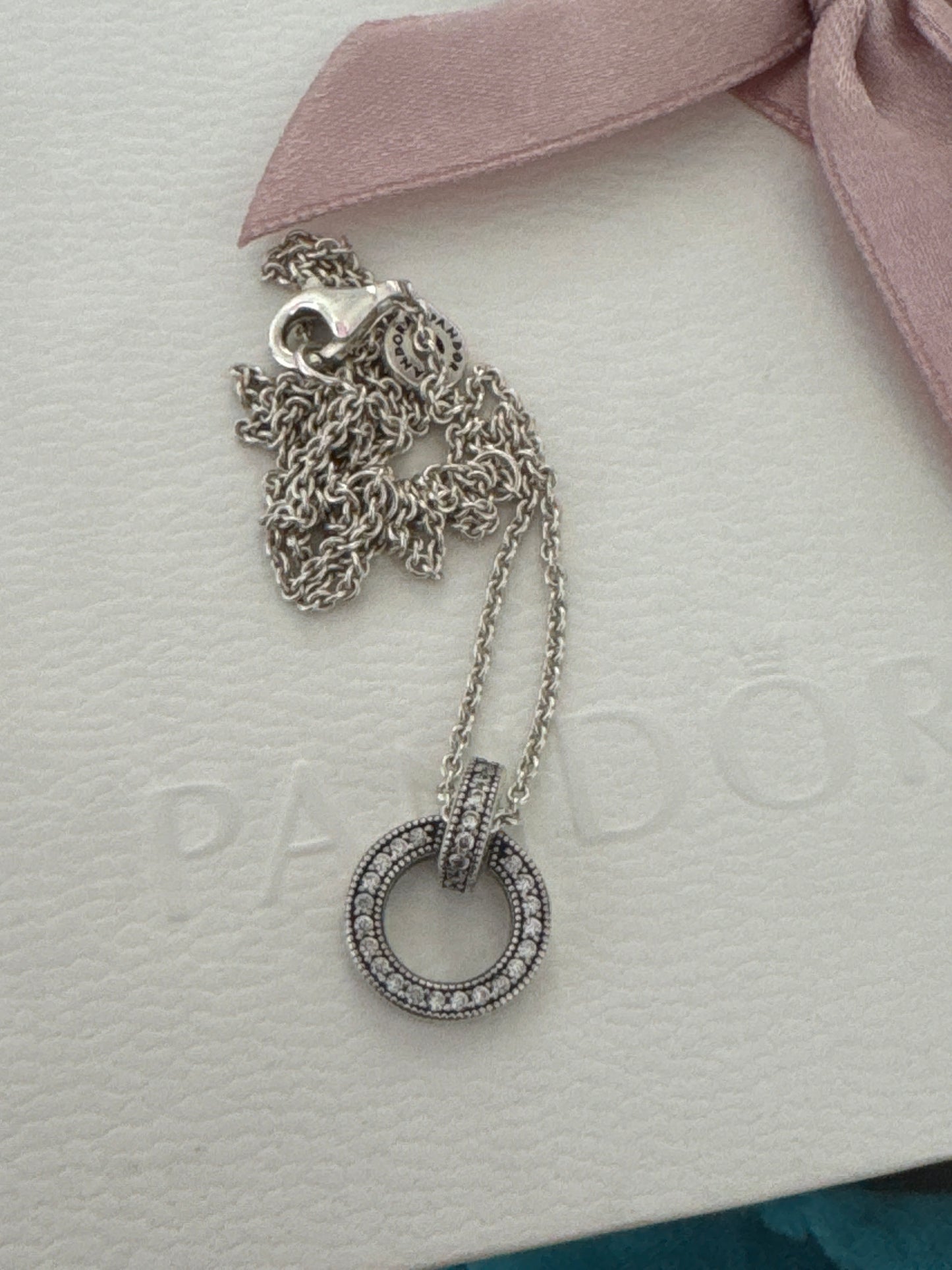 Genuine Pandora Pave Double Circle Radiant Hearts Necklace