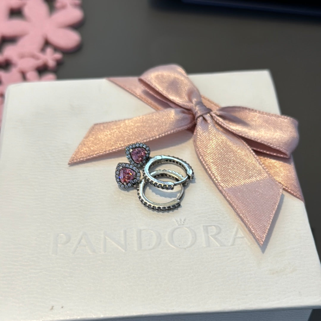 Genuine Pandora Pink CZ Heart Earrings Dangle Hoop