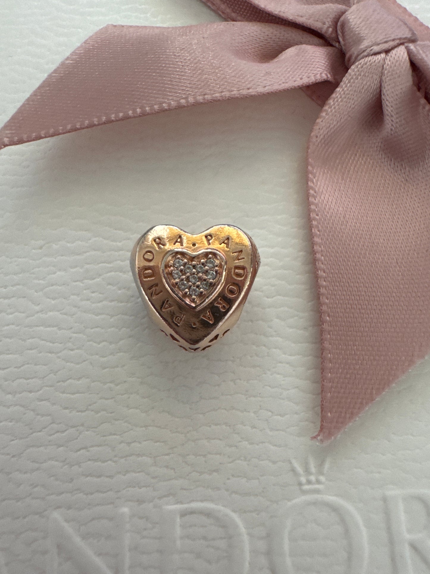 Genuine Pandora Rose Gold Logo Heart Pave Clear CZ Charm