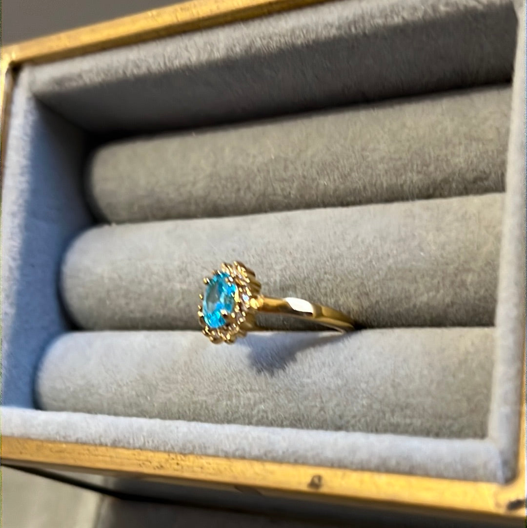 Brand New Gold Plated Pave Light Blue Oval CZ Heart Ring 54