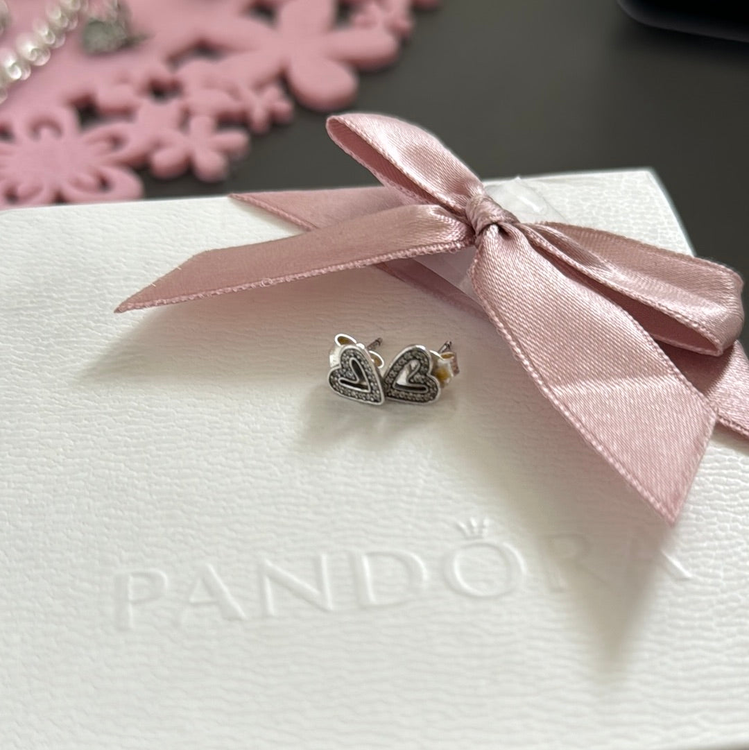 Genuine Pandora Free Hand Drawn Pave Heart Earrings
