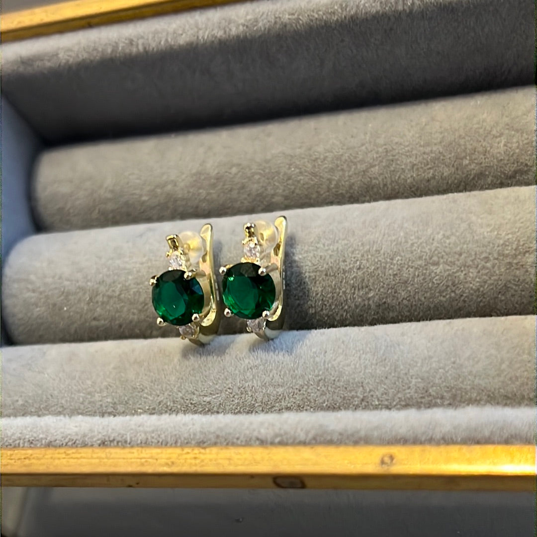 Brand New 14ct Gold Plated Green Circle Stone Sleeper Hoops Earrings