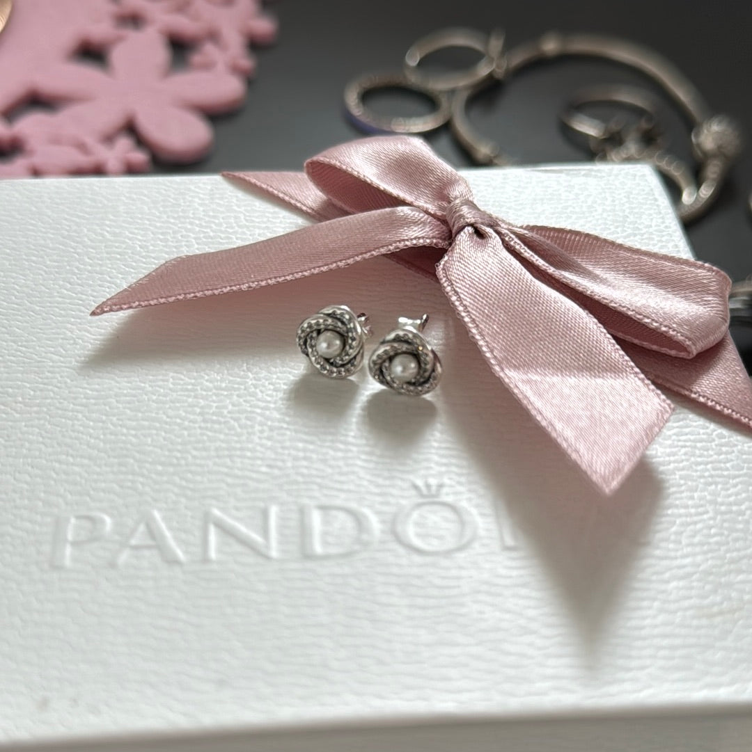 Genuine Pandora Pave Flower Pearl Earrings Studs