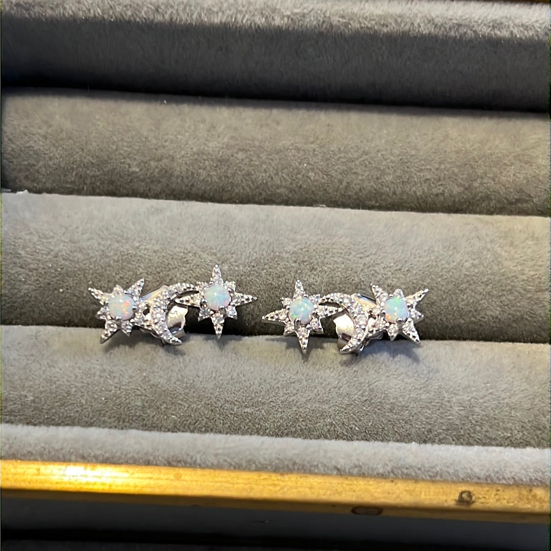 Sterling Silver Beautiful Blue Opal and CZ Moon and Star Creeper Earrings