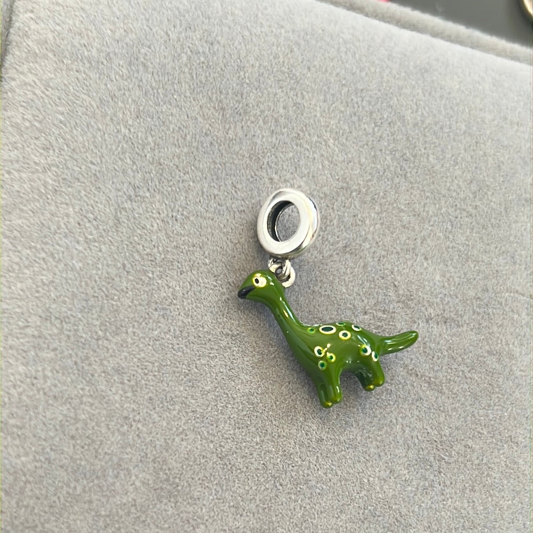Sterling Silver Enamel Dark Green Dinosaur Diplodocus Dangle Charm