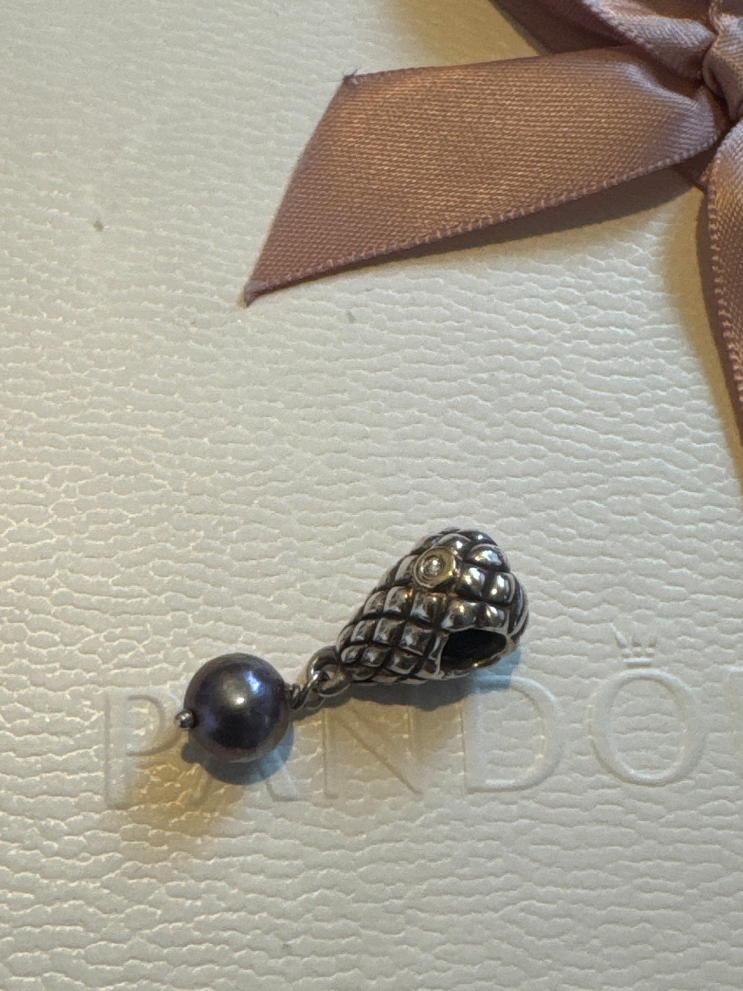 Genuine Pandora Rare Retired Grapes Diamond Two Tone Charm With Pearl Dangle
