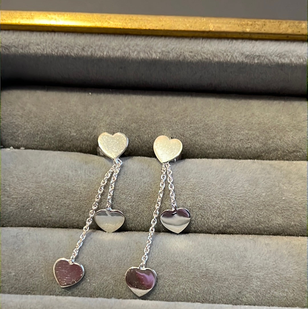 Brand New Sterling Silver Heart Double Dangle Earrings